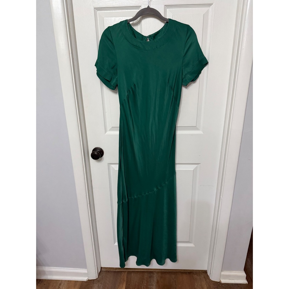 Anthropologie Emerald Green Satin Short Sleeve Maxi Dress Keyhole Back Size M - Picture 3 of 8
